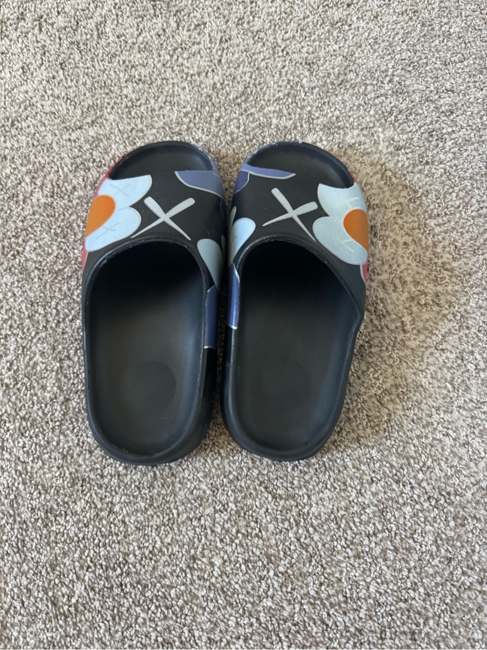 Kids Black Slide Sandals with Floral Accent